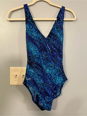Speedo One Piece Swimsuit Blue Mosaic Cross Back V Neck Womens Size 10